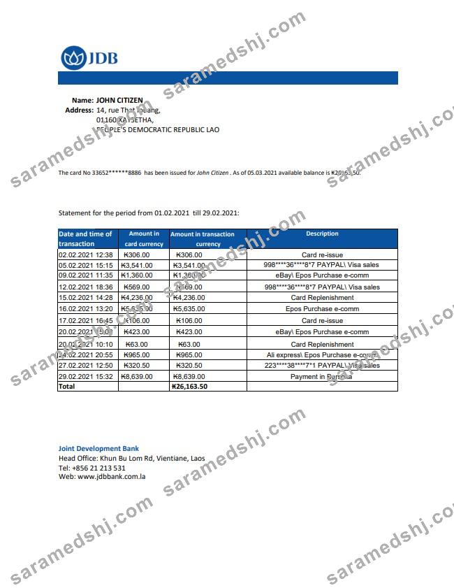 Laos Joint Development Bank (JDB) statement easy to fill template in .xls and .pdf file format
